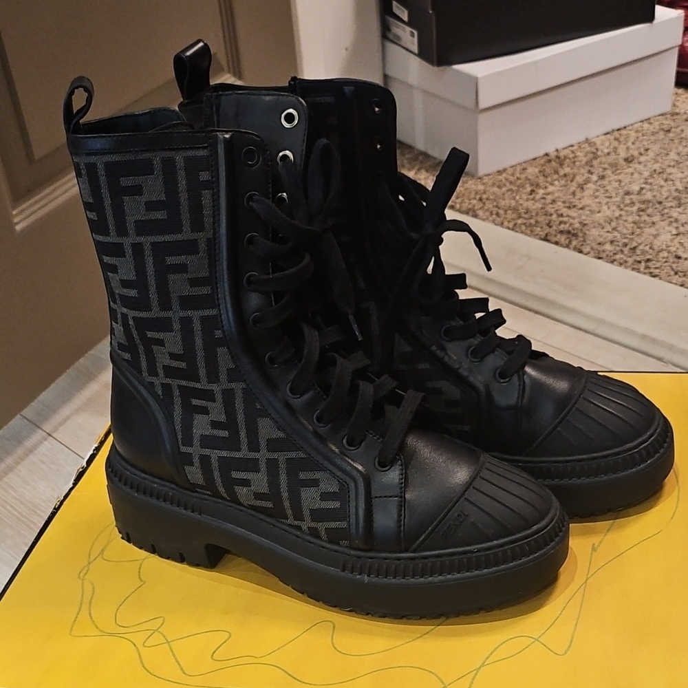 Fendi Black Monogram Lace-Up Combat Boots